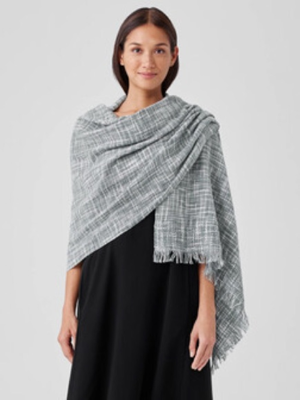 Long and wide Eileen Fisher Handwoven Organic Cotton Scarf. Color: Geyser grey.